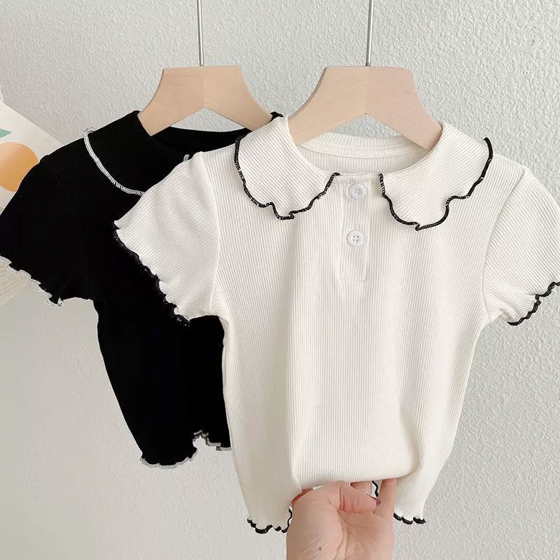 夏款女童短袖t恤娃娃领冰丝薄款宝宝半袖上衣中小儿童打底衫韩版