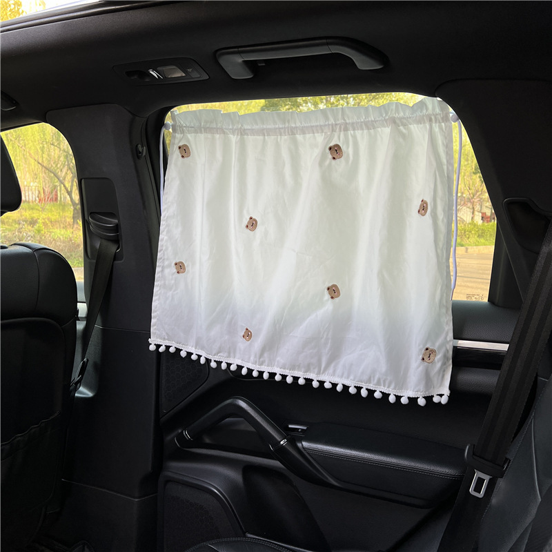 Car Curtains Sunscreen Curtain Embroidery Teddy Bear Sunscreen Heat Insulation Blackout Curtains Lovely Cartoon Cotton Car Sunscreen Curtains 