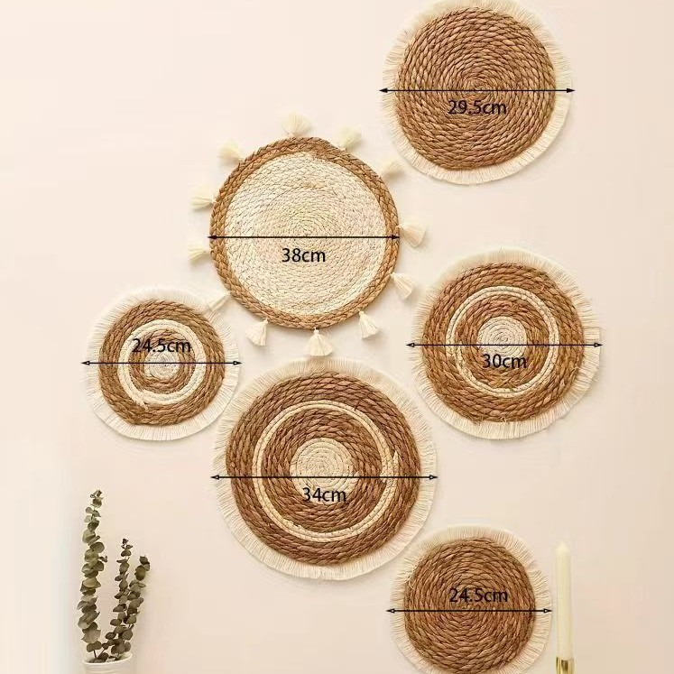 Juego de cesta de pared bohemia, decoración de paja tejida a mano para entrada, sala de estar y B&B, adornos colgantes