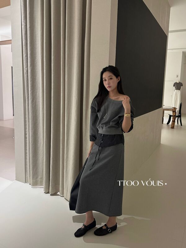 TTOO VOUIS秋季2301长袖圆领卫衣假两件抽绳松紧腰半身裙两件套女|undefined