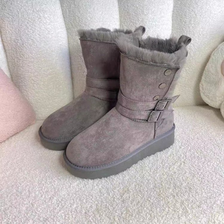 Damen-Winterstiefel mit Kunstfellfutter, dicker Gummisohle, runder Zehenpartie, Schnallenriemen, lässige hohe Stiefel für kaltes Wetter, die kurze Füße verlängern_voghion.com