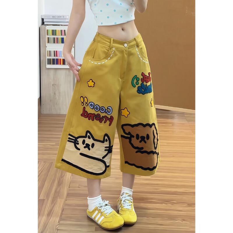 Factory Custom-Made Cat and Dog Embroidery Yellow Denim Cropped Pants for Women, Summer Dopamine Cute Loose-Fitting Shorts Factory Custom-Made Cat and Dog Embroidery Yellow Denim Cropped Pants for Women, Summer Dopamine Cute Loose-Fitting Shorts
