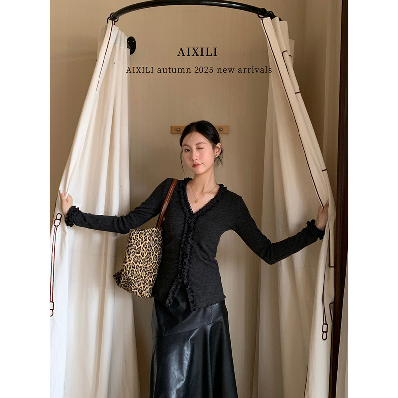 AIXILI爱西里-拼接木耳花边设计针织长袖显瘦百搭上衣针织衫15519|undefined