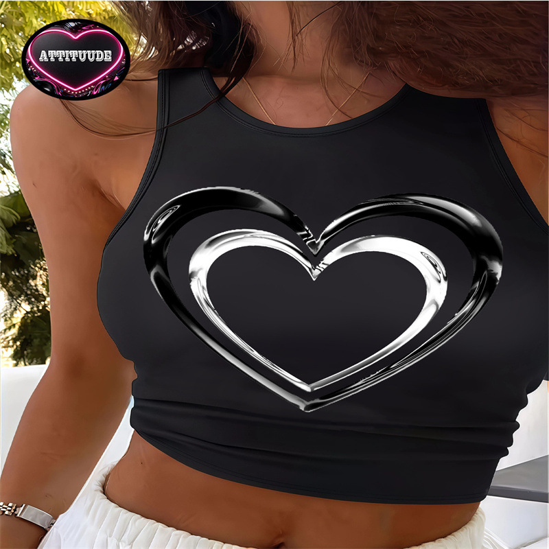 European American Style Cropped Printed Vest Sleeveless round Neck Tank Top for Women New Summer Hot Girl Look Blended Material_ecoleips.com