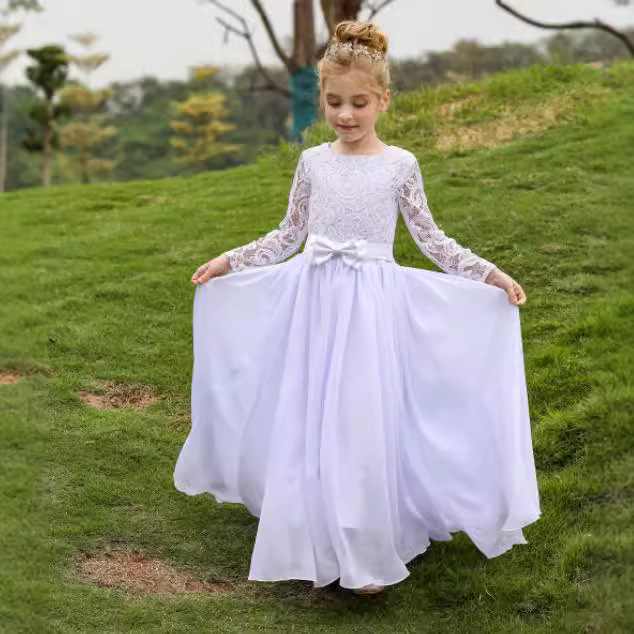Nuevo vestido de novia para niños de comercio exterior transfronterizo europeo y americano de manga larga de encaje, cuello redondo, cola, vestido de cumpleaños para niña