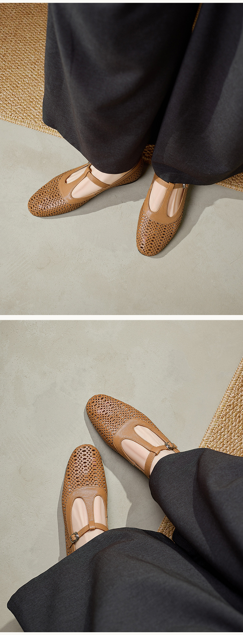 Sandal nữ da cừu đế bệt quai chữ T mũi kín hở lỗ thoáng khí — Màu caramel chi tiết 10
