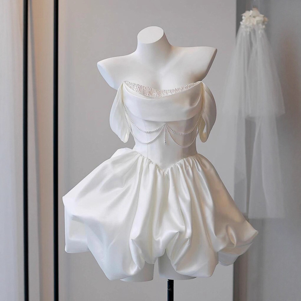 Satin One-Shoulder Light Wedding Dress French Niche High-End Short Style Wedding Engagement Birthday Party White Dress