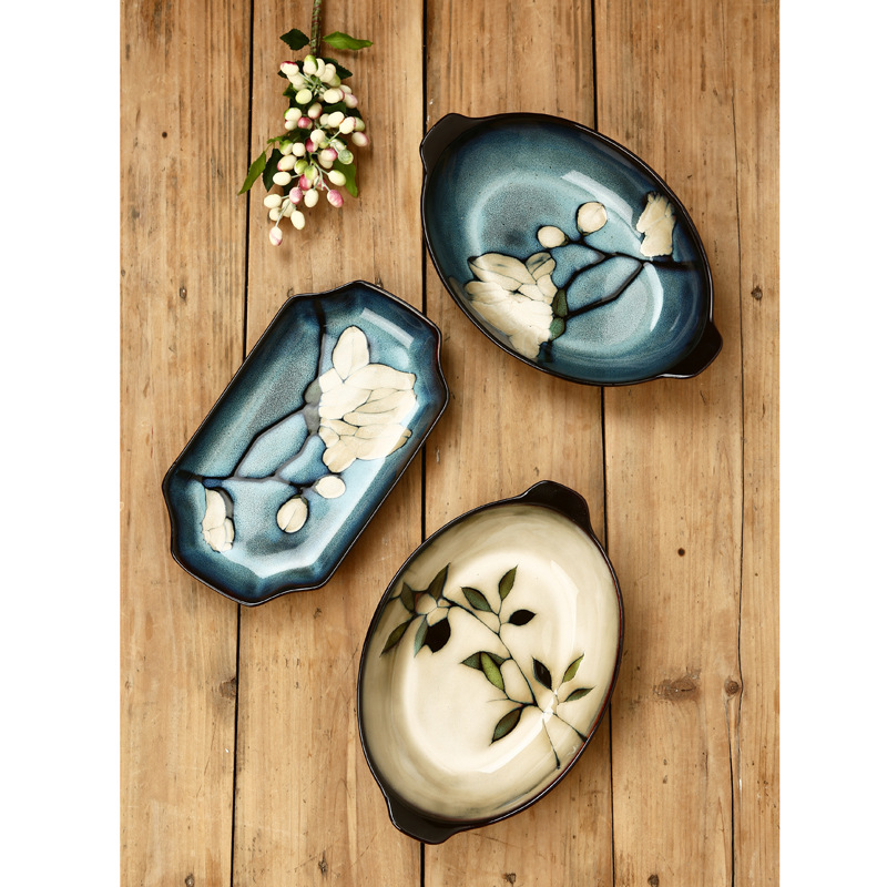 Flor pintada a mano de cerámica plato de pescado grande horno cambio creativo Placa de doble oreja hogar plato profundo bajo vidriado color a juego plato de sushi grande