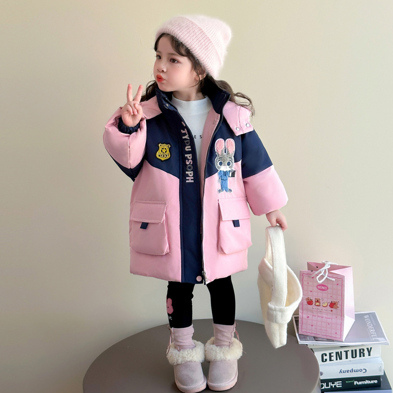 Girls' down Jacket Winter Rabbit Police Officer Outfit Children's Thickened Mid-Length Stylish Warm Coat for Winter