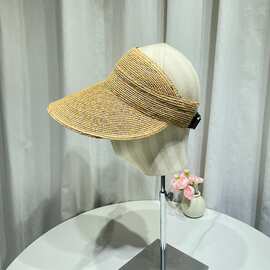手工编织彩色拉菲草空顶帽子女夏季时尚休闲百搭防晒遮阳帽太阳帽