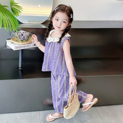 女童夏裝套裝2024新款兒童裝背心無袖薄款兩件套寶寶網紅炸街衣服