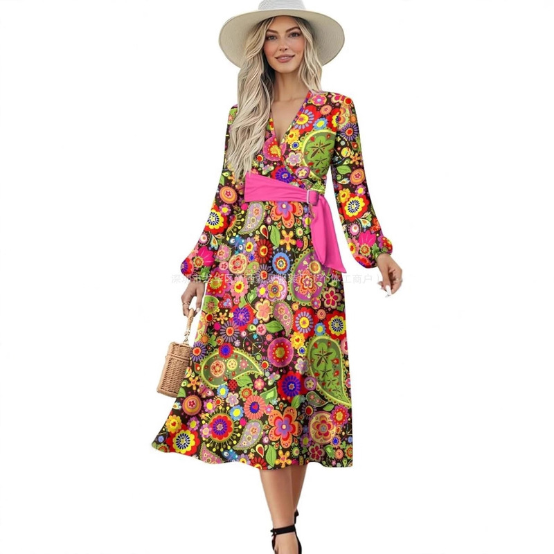 Women's V Neck Long Sleeve Tie Dress Midi Dress Wrap Waist Dress Party Wedding Guest Cocktail