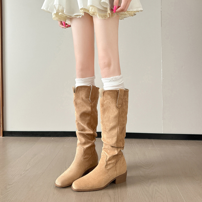 7CM~内增高美拉德堆堆靴褶皱新款靴子女显瘦百搭中高筒复古西部靴|undefined