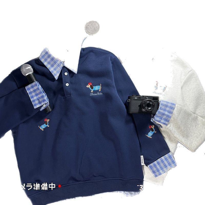 アメリカの子犬の刺繍poloは格子縞の襟の衛衣の春秋の金の怠惰な学院の風の偽の2つのカップルのコートをつなぎます。|undefined