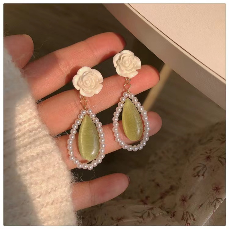 retro green opal pearl camellia rose water drop alloy earrings female springpicture4