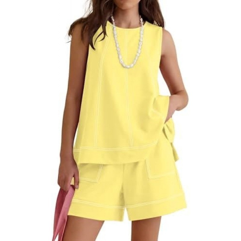 Cross-border Women's Two-piece Set For Summer, Featuring A Round-neck Sleeveless Tank Top And Drawstring Elastic Waist_ecoleips.com