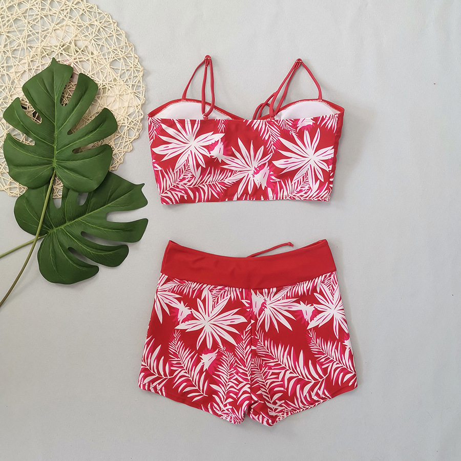 High Waist Lace up Print Swimsuit for Women Split Boxer Style Solid Color Splicing Design European American Foreign Trade 2024 Large Size_ecoleips.com