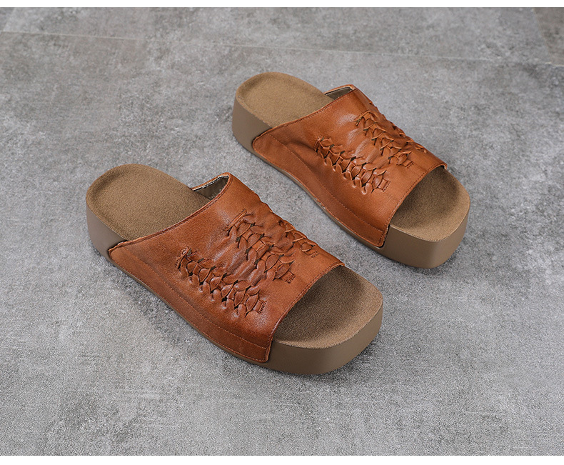 Dép sandal nữ quai ngang da bò thật đế dày phong cách cổ điển — màu be chi tiết 13