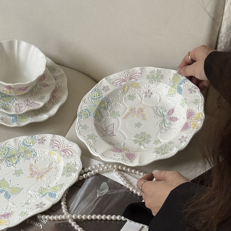 Retro French Matte Butterfly Embossed Lace Ceramic Dinner Plate Bowl Cup Tall Plate Medieval Heavy Industry Series