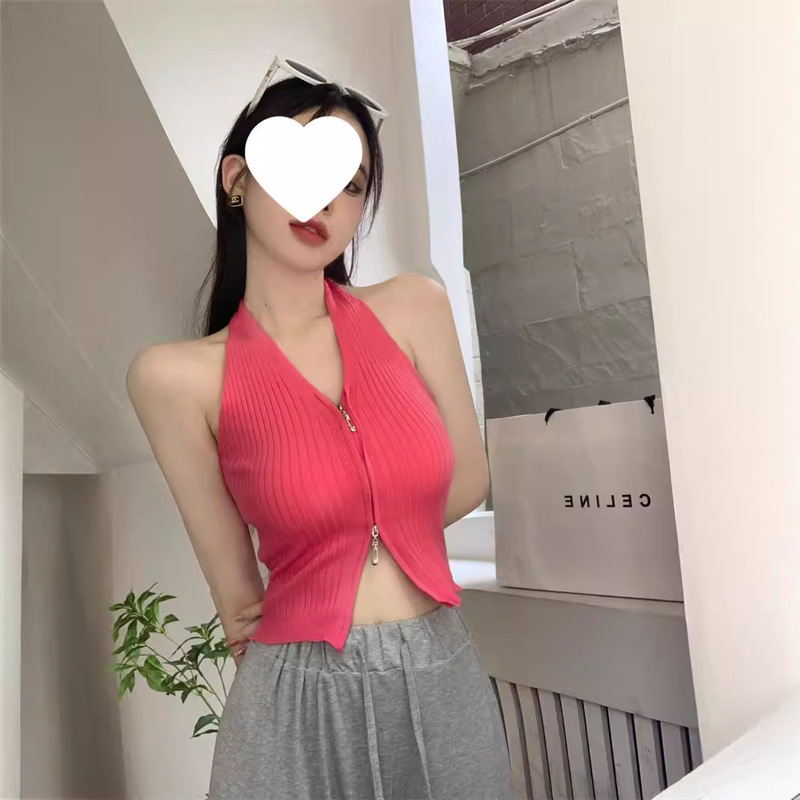 Rose Red Zipper V-Neck Halter Knit Camisole for Women, Summer Outerwear, Pure and Sexy Tube Top