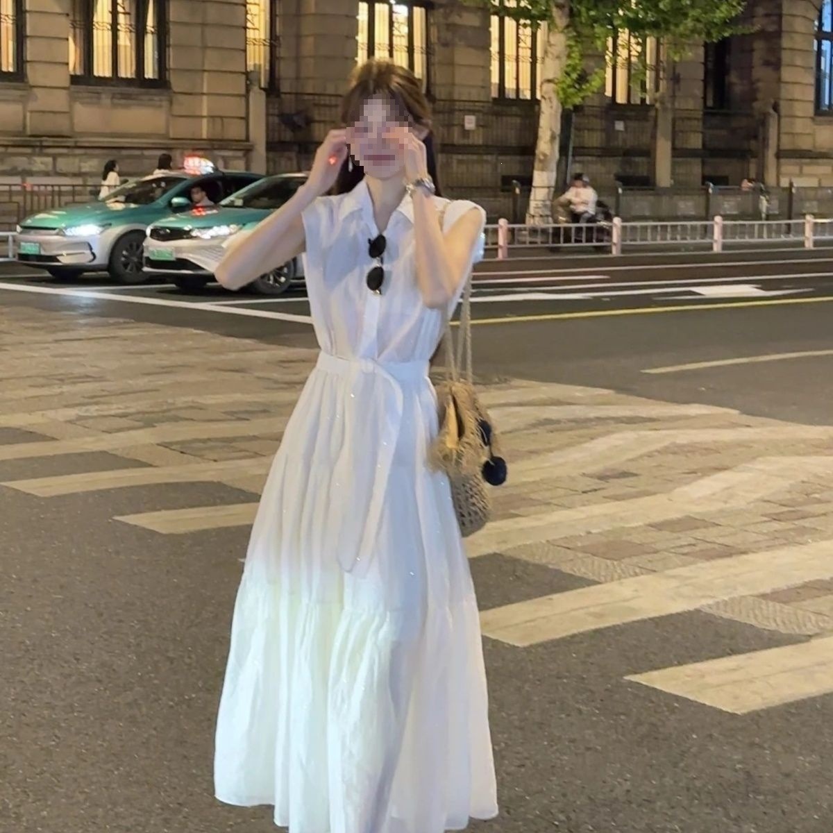 Đầm maxi nữ thắt eo phong cách Pháp không tay, thiết kế ôm dáng, váy dài mùa hè trắng tinh tế — màu trắng chi tiết 6