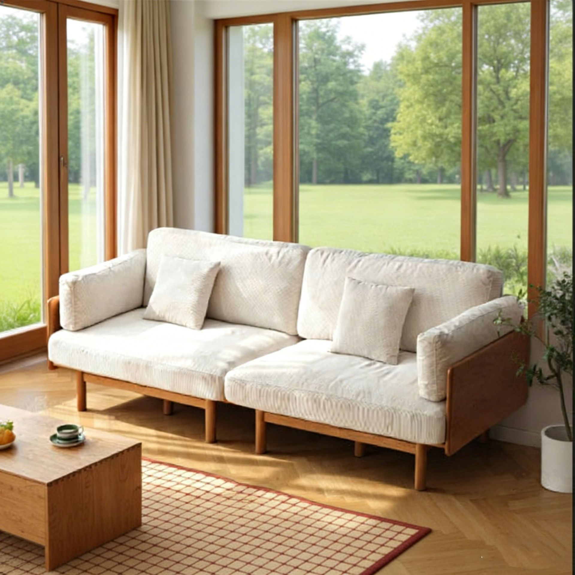 Nanshan Fabric Sofa Nordic Cherry Wood Sofa Simple Modern Solid Wood Fabric Lazy Sofa for Small Apartment Living Room