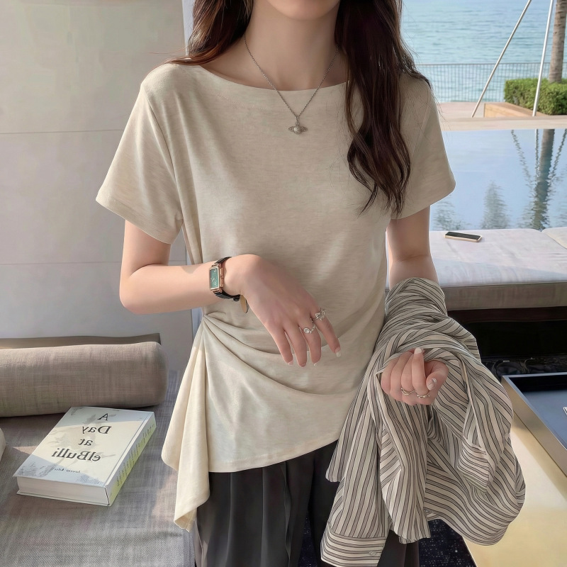 Áo thun nữ cổ tròn tay ngắn thiết kế thắt eo Hàn Quốc — màu đen chi tiết 2