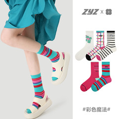 文藝復興原創女襪春季刺繡字母襪子女條紋無骨精梳棉運動風中筒襪