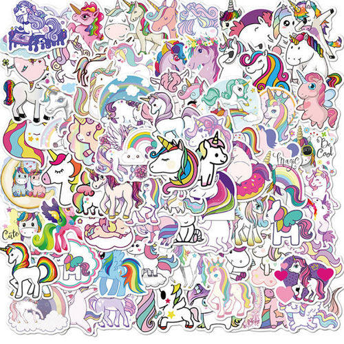 100 Sheets Cartoon Unicorn Pony Graffiti Waterproof Stickers Laptop Decor DIY Removable Decals 