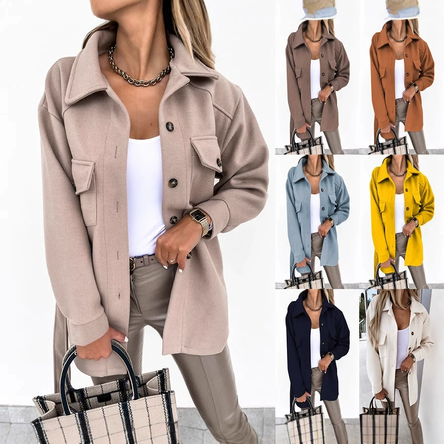 Модное демисезонное шерстяное пальто с длинным рукавом, цветным поясом, ebay, европейский стиль