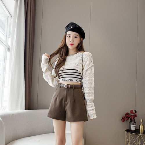 Black Woolen Suit Shorts for Women Spring Outerwear Base Boot Pants Fashion High-Waisted Loose Casual A-Line Wide Leg Pants