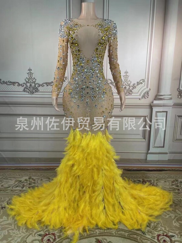 Cross-border Hot Sequin Dress Rhinestone Feather Dress Female Singer Performance Dress Evening Dress