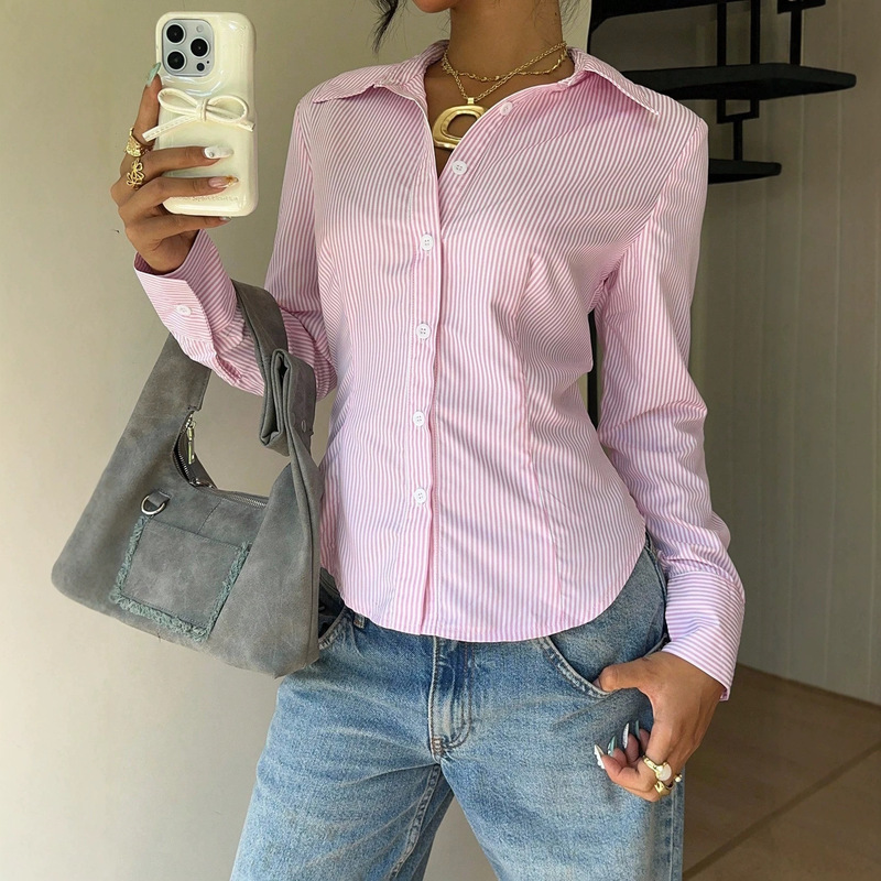 Women's Spring and Autumn Striped Back-Tie Long-Sleeve Shirt Top Women's Spring and Autumn Striped Back-Tie Long-Sleeve Shirt Top
