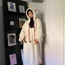 纯白色天使珊瑚绒睡衣女秋冬季保暖连帽中长款睡袍美少女家居服