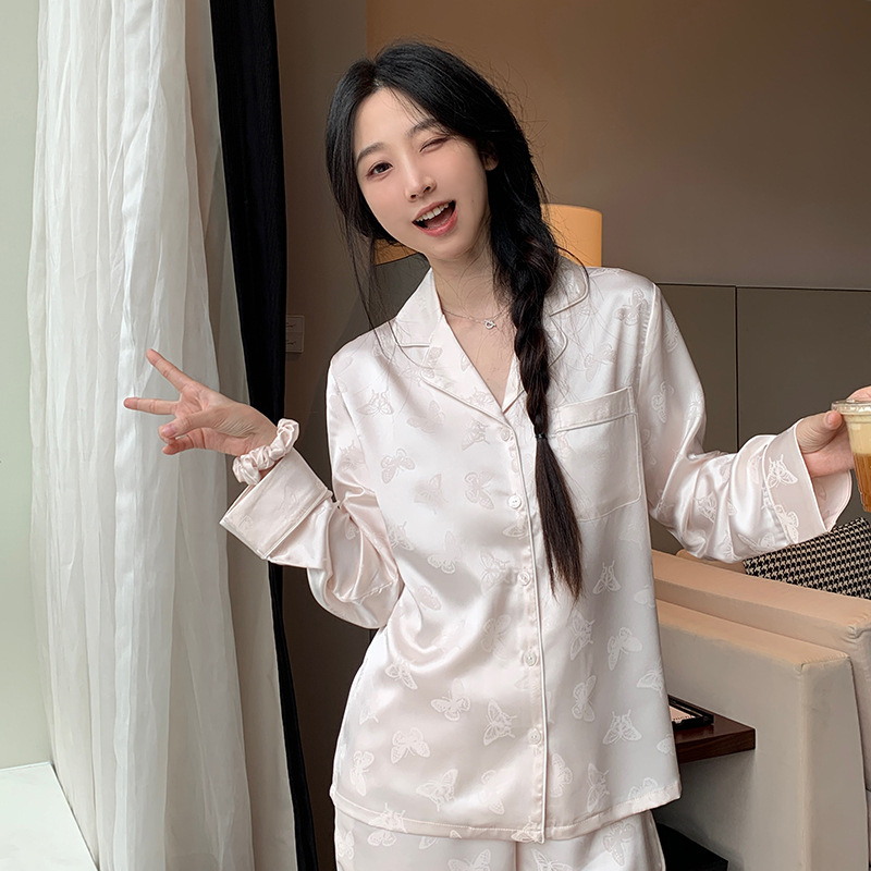 2025 New Butterfly Jacquard Mercerized Satin Butterfly Pajamas Women's Long-Sleeved Long Pants Home Wear Two-Piece Set Spring and Autumn