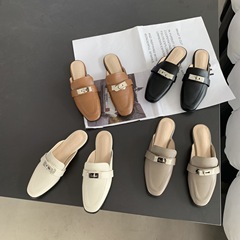 Bao Tou Half Slipper Women's Shoes for Outdoor Wear 2023 New Metal Buckle Retro French Lounge Mule Flat Shoes