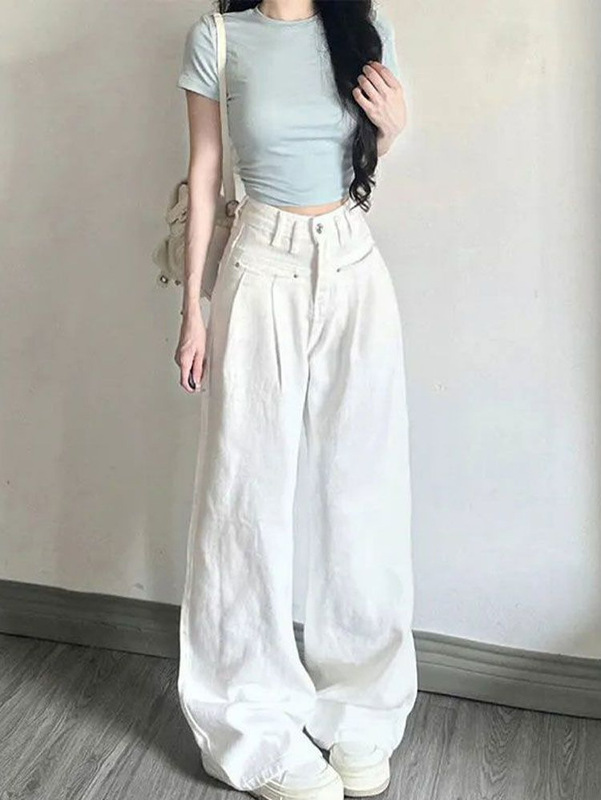 阔腿褶皱白色高腰牛仔裤女夏季2025新款宽松休闲百搭显瘦直筒长裤|undefined