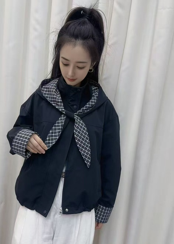 韩系时尚假两件外套女2025秋季简约撞色格纹时尚百搭休闲夹克上衣|undefined