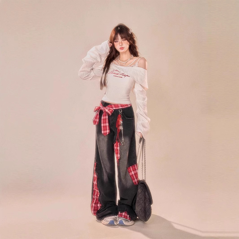 Bow Strap Stitching Wide Leg Jeans Women's 2025 Spring and Autumn Plaid Patch Design Loose Straight Pants Bow Strap Stitching Wide Leg Jeans Women's 2025 Spring and Autumn Plaid Patch Design Loose Straight Pants