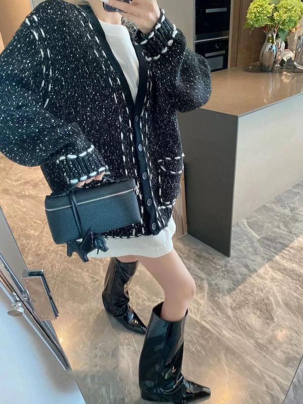 重工粗线撞色小香风毛衣外套女秋冬新款宽松慵懒风中长款针织开衫|undefined