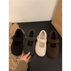 厚底白色加绒毛毛鞋女鞋子外穿2025新款秋冬季玛丽珍单鞋毛绒棉鞋