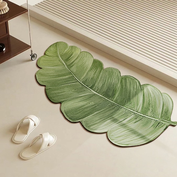 Cross-border Ins Style Green Plant Bathroom Foot Mat Toilet Water Absorbent Floor Mat Household Shaped Door Mat Diatom Mud Carpet