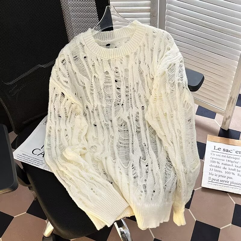 Übergroßer, lässiger Strickpullover für Herren mit einzigartigem Cut-Out-Design. Lockere Passform, lange Ärmel, bequemer Pullover für den Alltag (mehrere Farben)_voghion.com