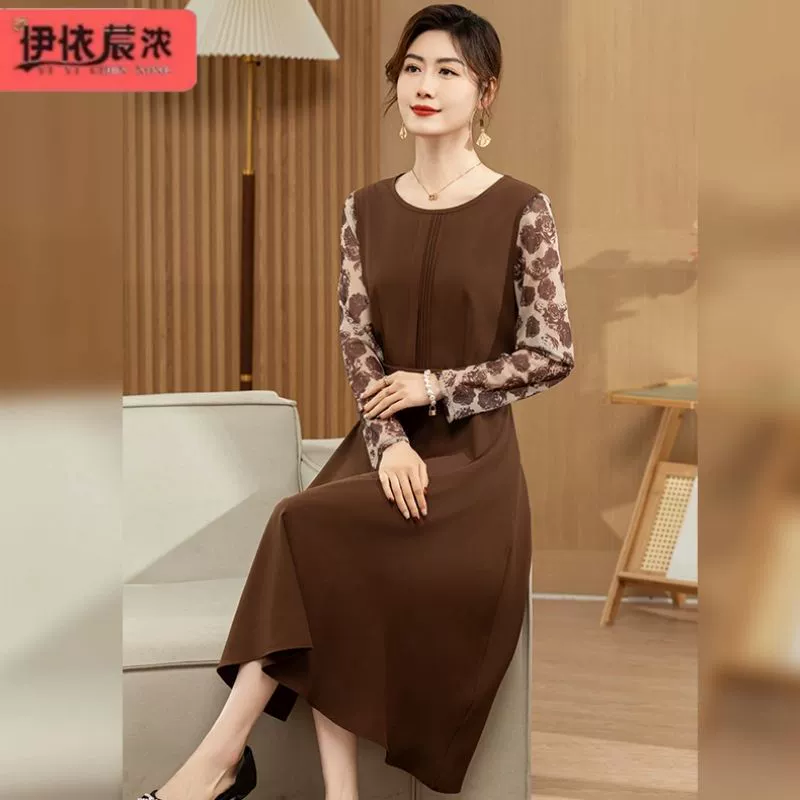 Весна 2024 года, новая мама, платье с длинным рукавом, женская одежда для 40 лет, среднего возраста, Высококачественная тонкая юбка с круглым вырезом оптом