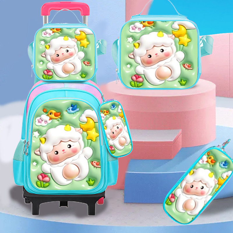 Los nuevos estudiantes de primaria transfronterizos pueden instalar una mochila escolar de dos ruedas y seis ruedas con barra de tracción, mochila de dibujos animados lindo para niños de tres piezas
