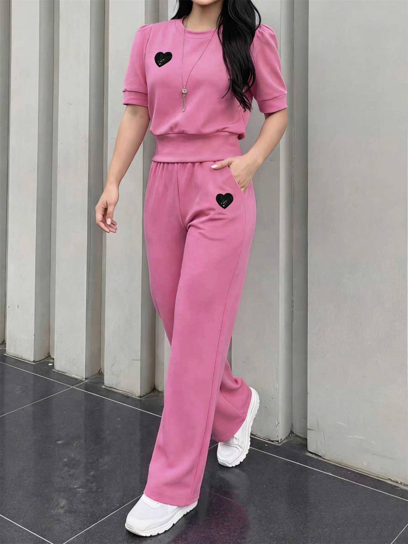 Women's Casual Suit Solid Color Heart Embroidered Puff Sleeve Top with Pocket Wide Leg Pants Spring/Summer Fashion_ecoleips.com