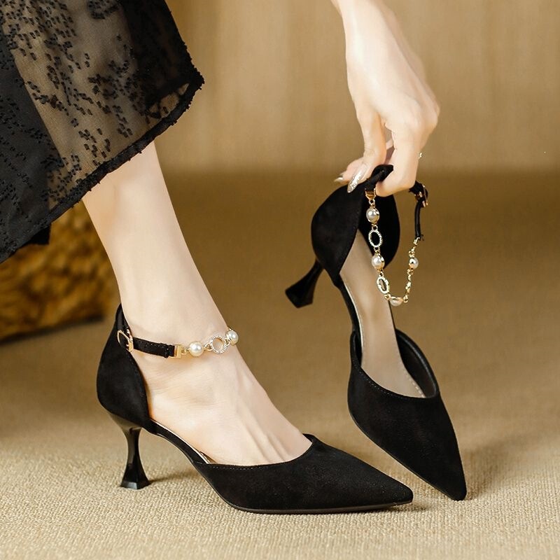 French-Style Niche High-Heeled Shoes for Women, Summer Pearl Stiletto Heels, New Elegant Ladylike Graduation Black Low Heels