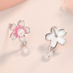 S925銀粉色系甜美櫻花耳釘女小清新花朵花卉珍珠耳墜流蘇鑲鑽飾品