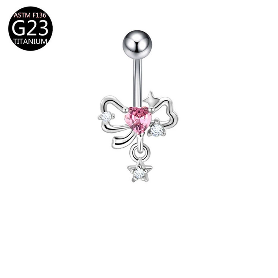 Fuchsia belly button piercing with bow, pendant drop-shaped, European style