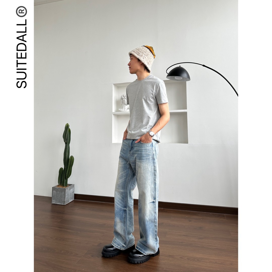 Suitedall Cream Blue Loose Straight Washed Soft Jeans Summer Versatile Casual Cleanfit Pants